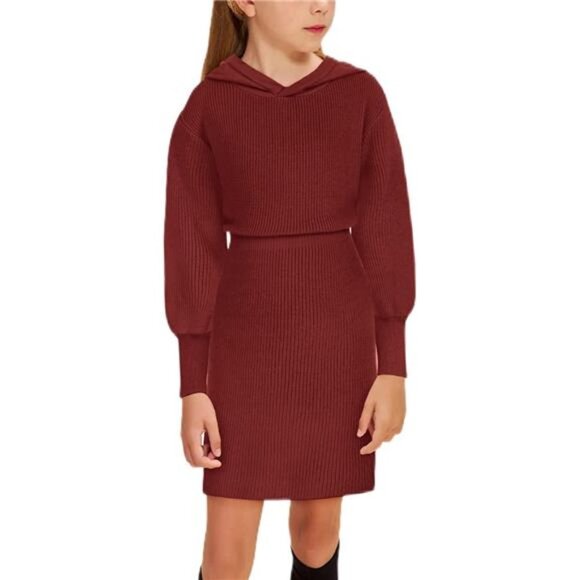 Girl Sweater Dress Hooded Lantern Long Sleeve Casual Knit
